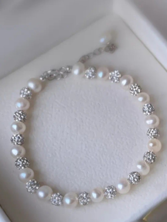 Jewelry - Freshwater Pearl and Crystal Ball Bracelet - White